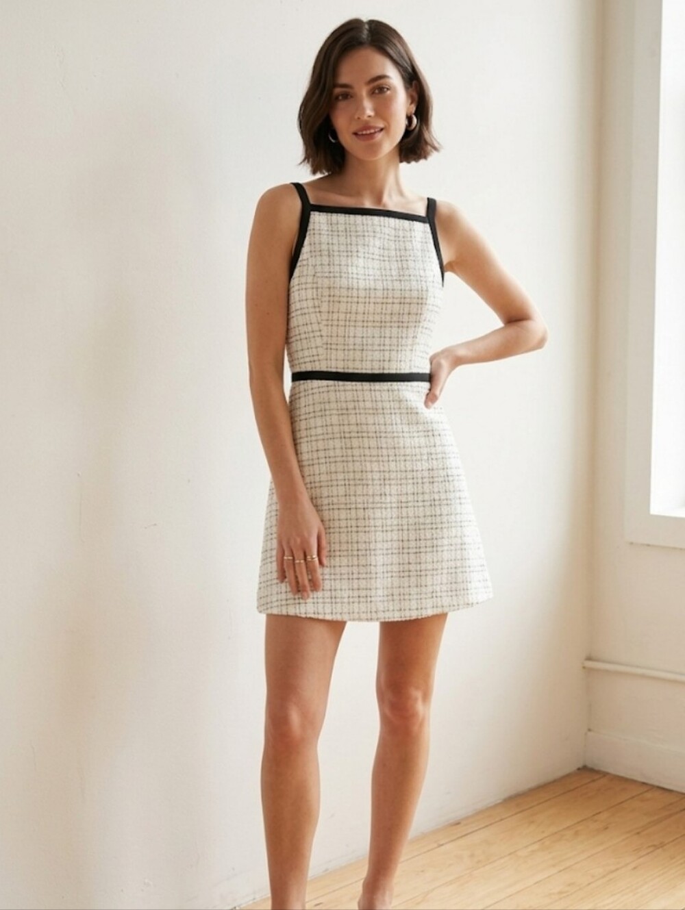 CIDER Size Small Retro Glam White Classic Tweed Plaid Mini Dress Black Trim NWT